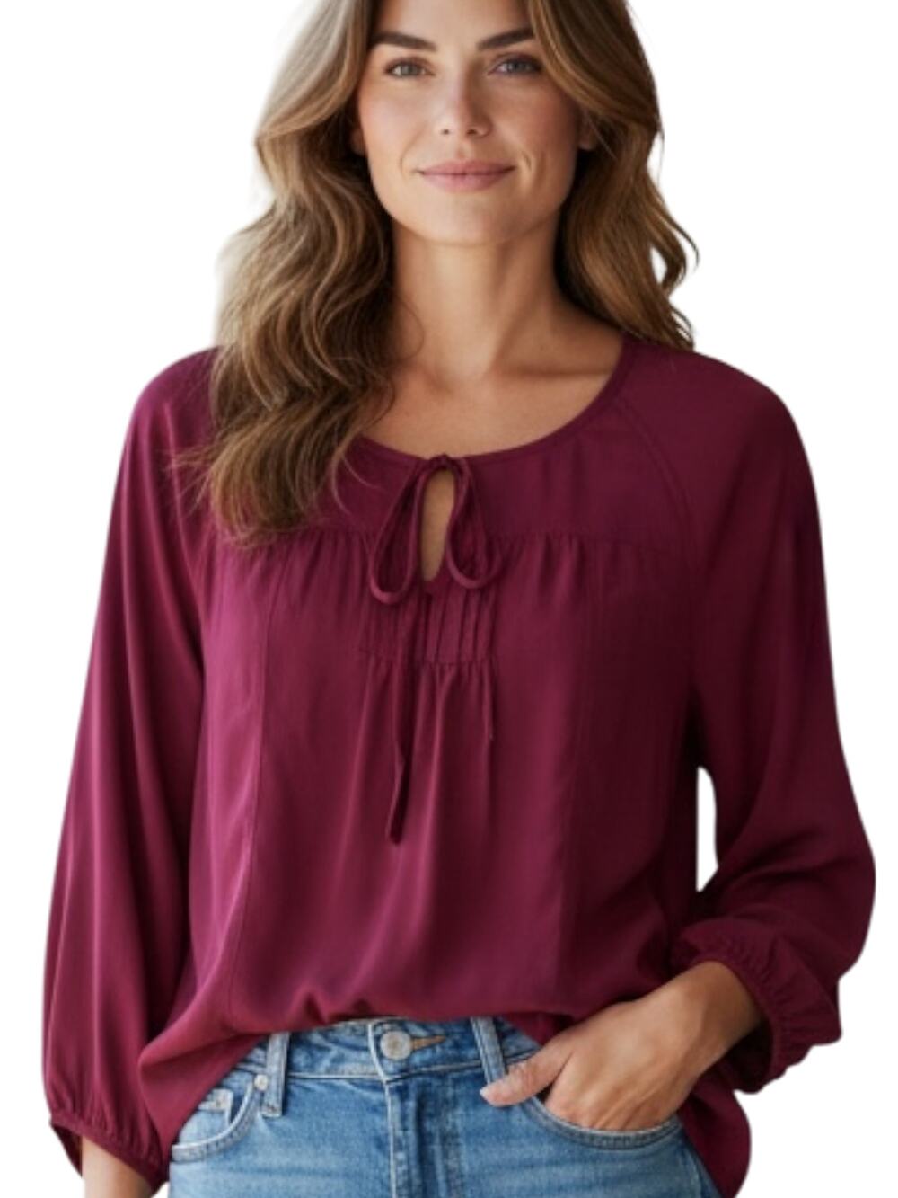 American Eagle Burgundy Peasant Blouse Tie Neck Pintuck Balloon Sleeve Top M